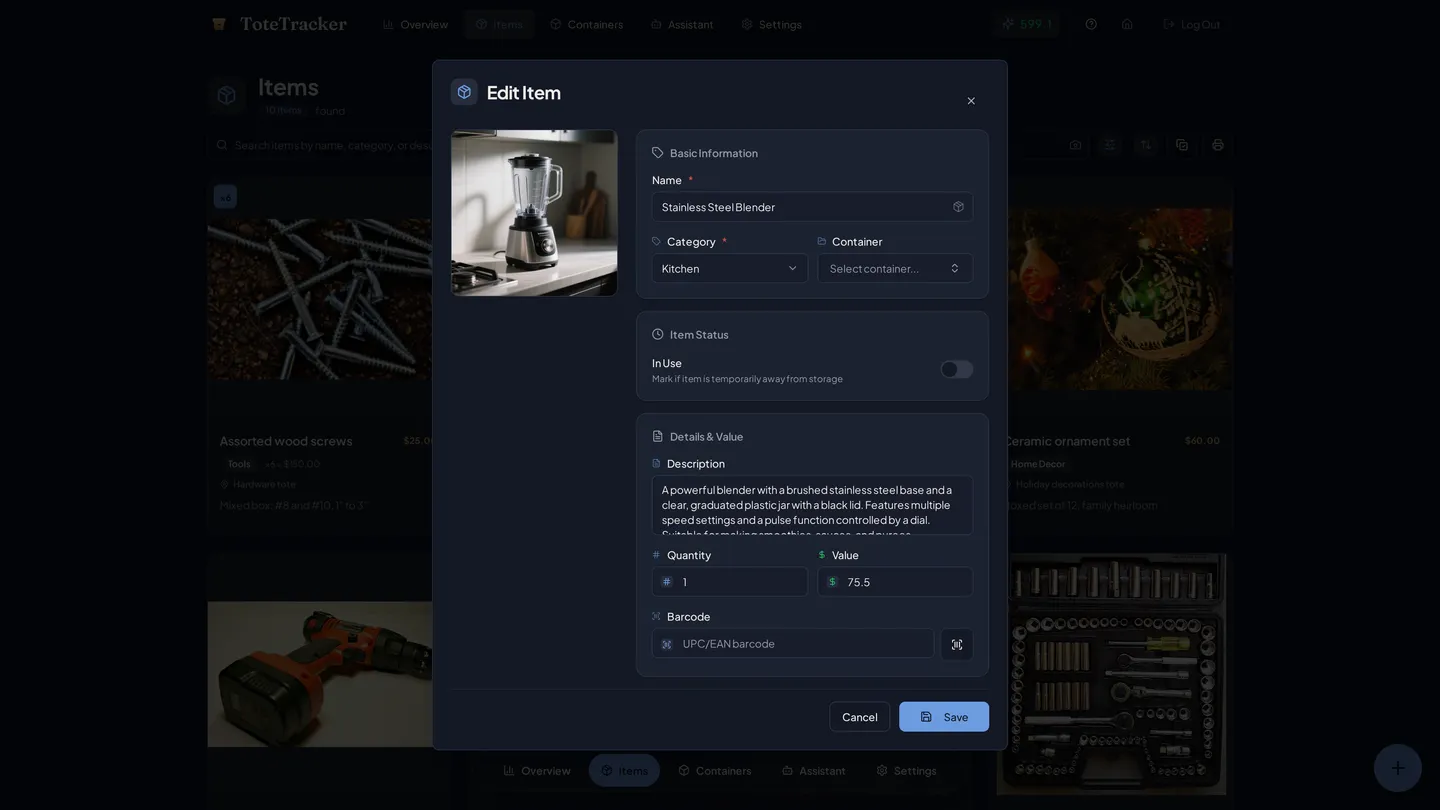 The item dialog prefilled by Smart Photo Scan with a blender's details