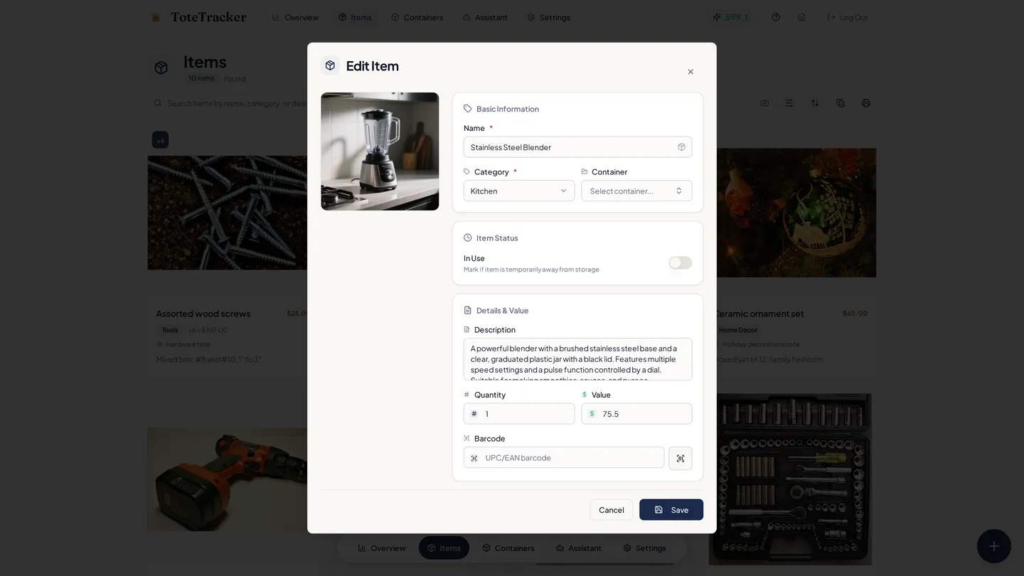 The item dialog prefilled by Smart Photo Scan with a blender's details