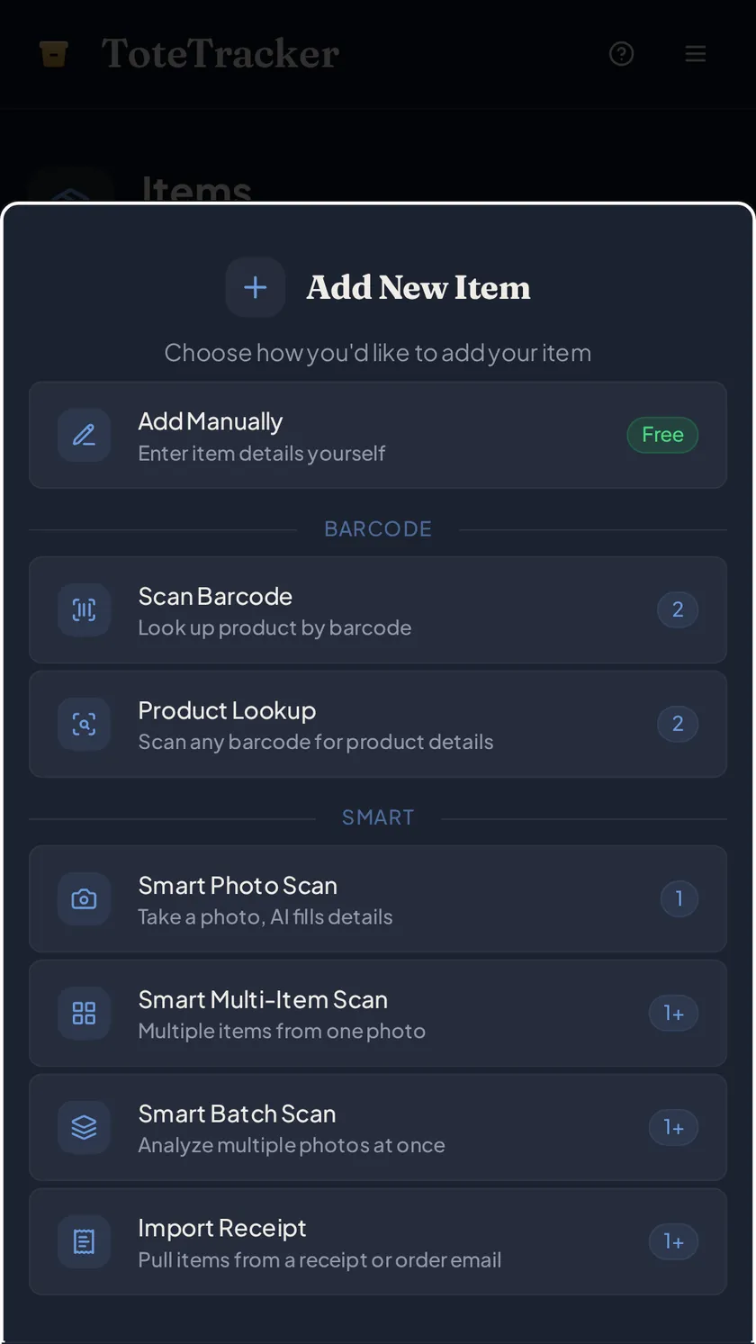 The Add New Item sheet listing all seven ways to add an item