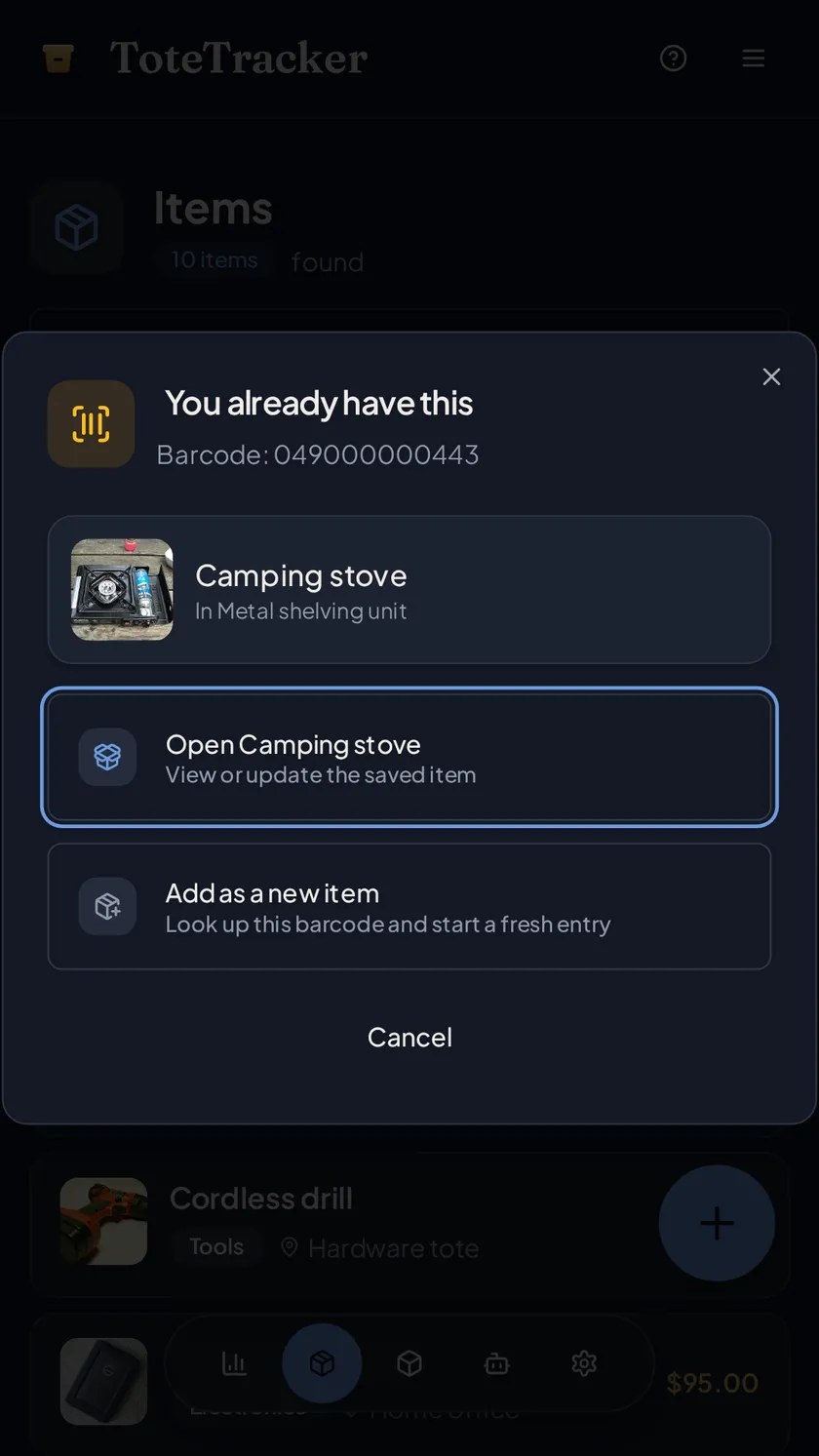The dialog for a barcode that's already saved, offering to open the item