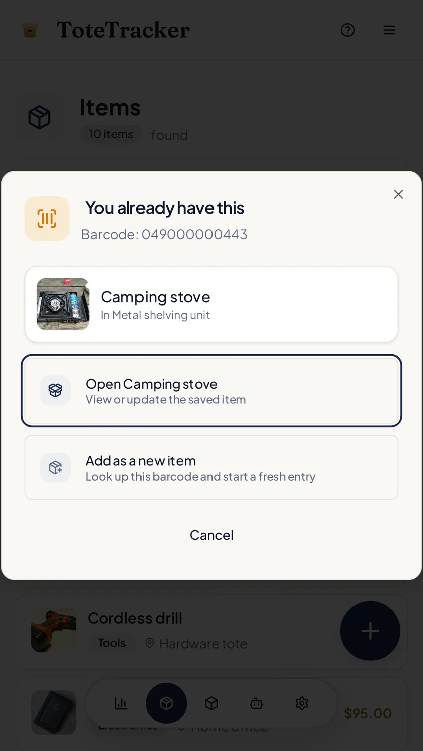 The dialog for a barcode that's already saved, offering to open the item
