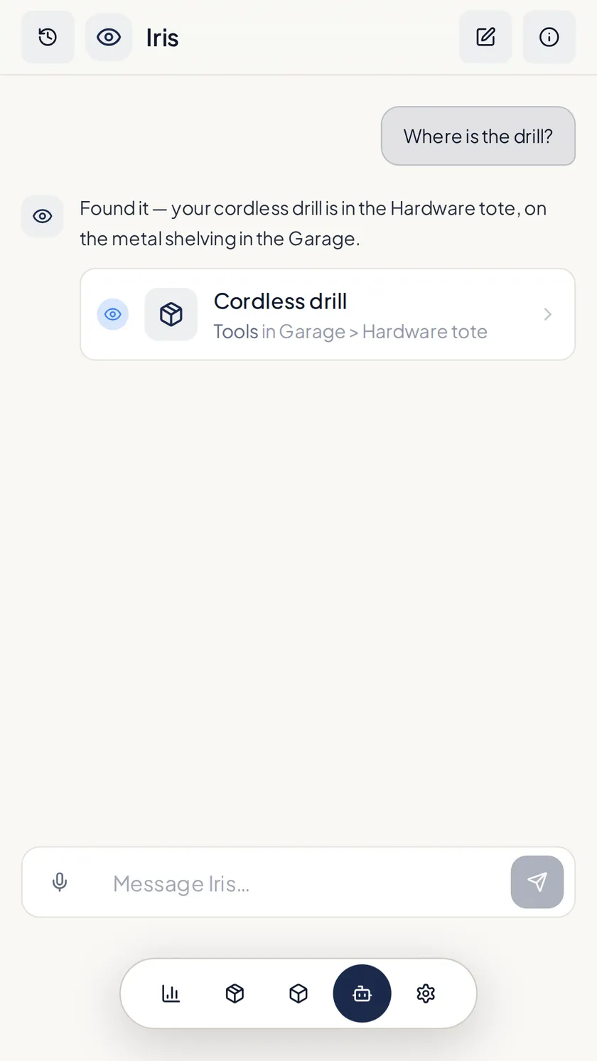 Iris answering “Where is the drill?” with the item's location