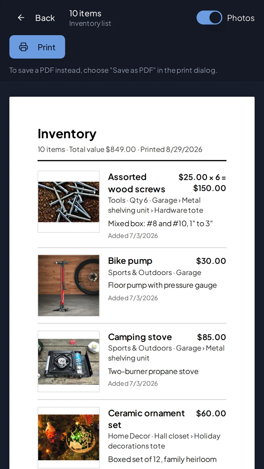 A printable inventory list with photos, values, and dates added
