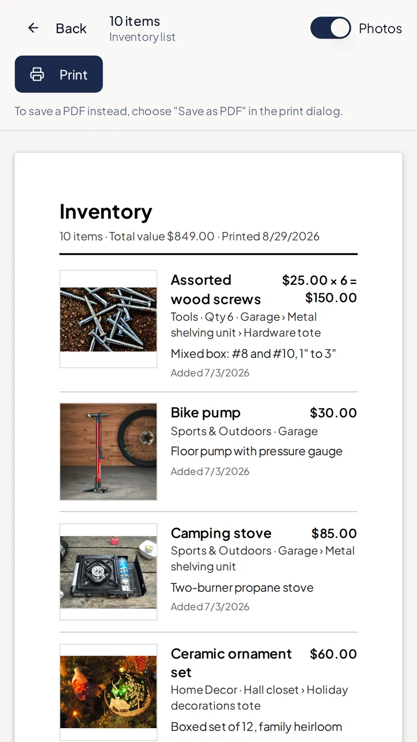 A printable inventory list with photos, values, and dates added