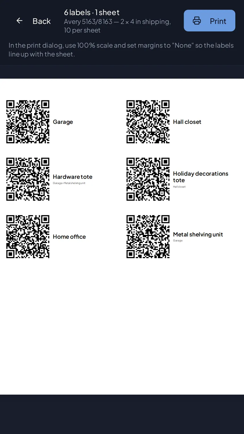 A printable sheet of QR container labels