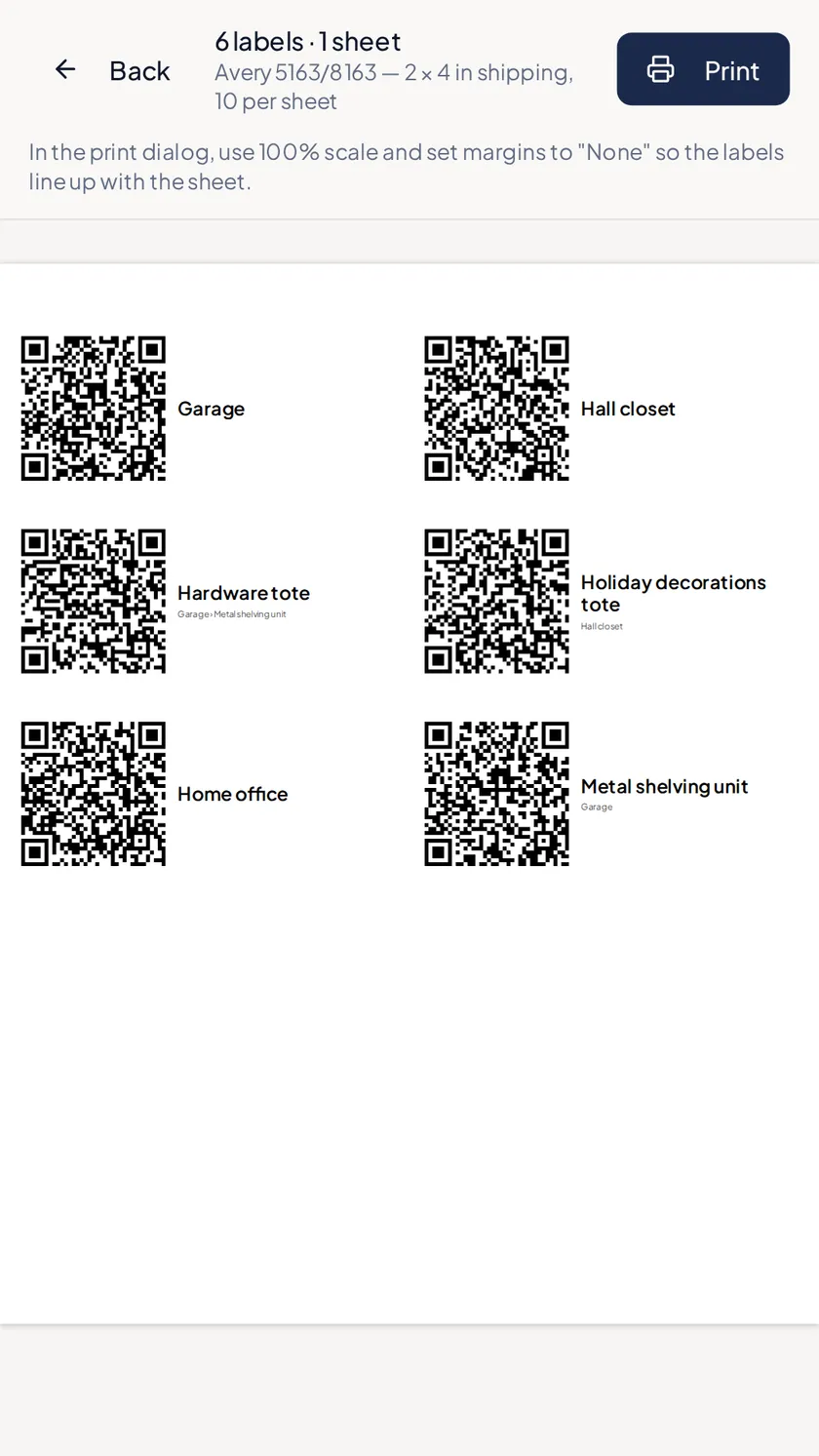 A printable sheet of QR container labels