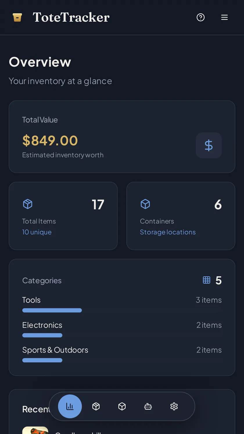 The overview dashboard: total value, item and container counts, and categories