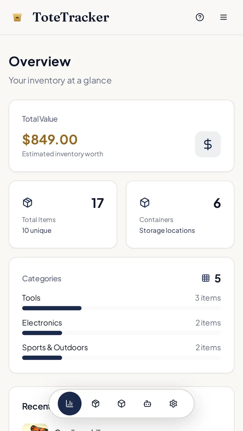The overview dashboard: total value, item and container counts, and categories