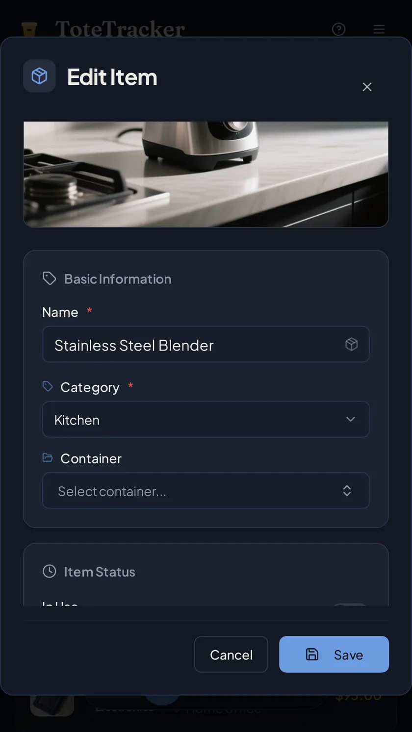 The item dialog prefilled by Smart Photo Scan with a blender's details