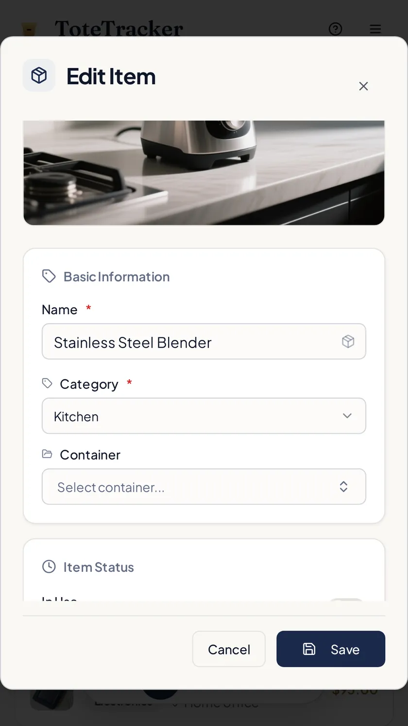 The item dialog prefilled by Smart Photo Scan with a blender's details