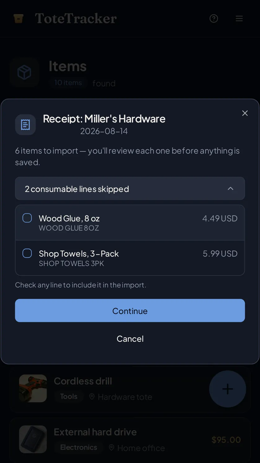 A receipt import summary with consumable lines set aside