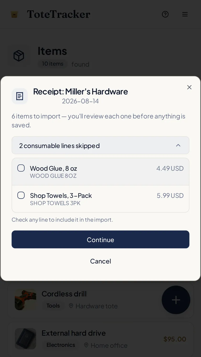 A receipt import summary with consumable lines set aside