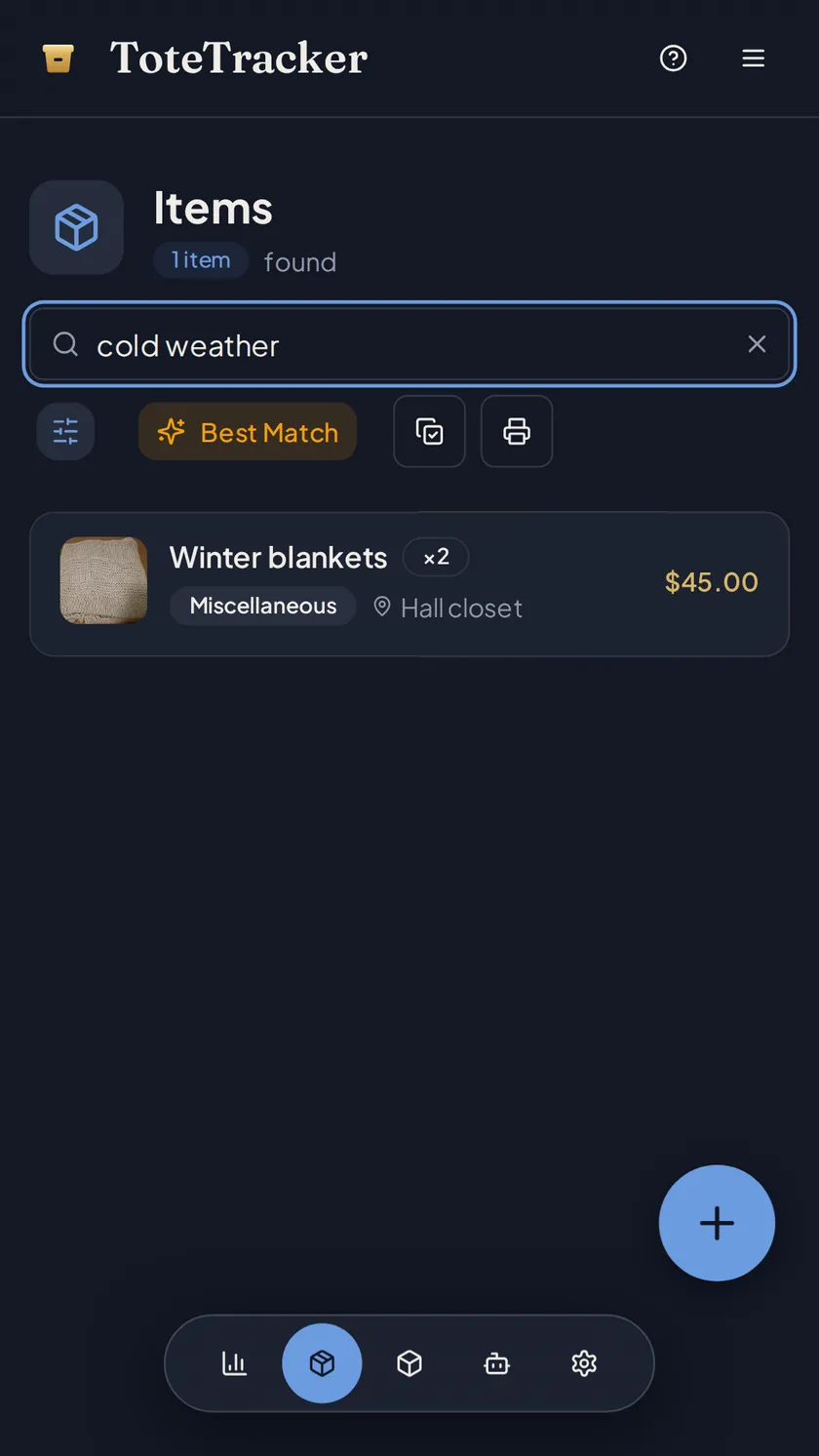 Smart Search results for 'cold weather': the winter blankets, found in the hall closet