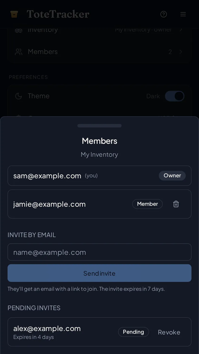 The Members sheet: current members and an invite by email