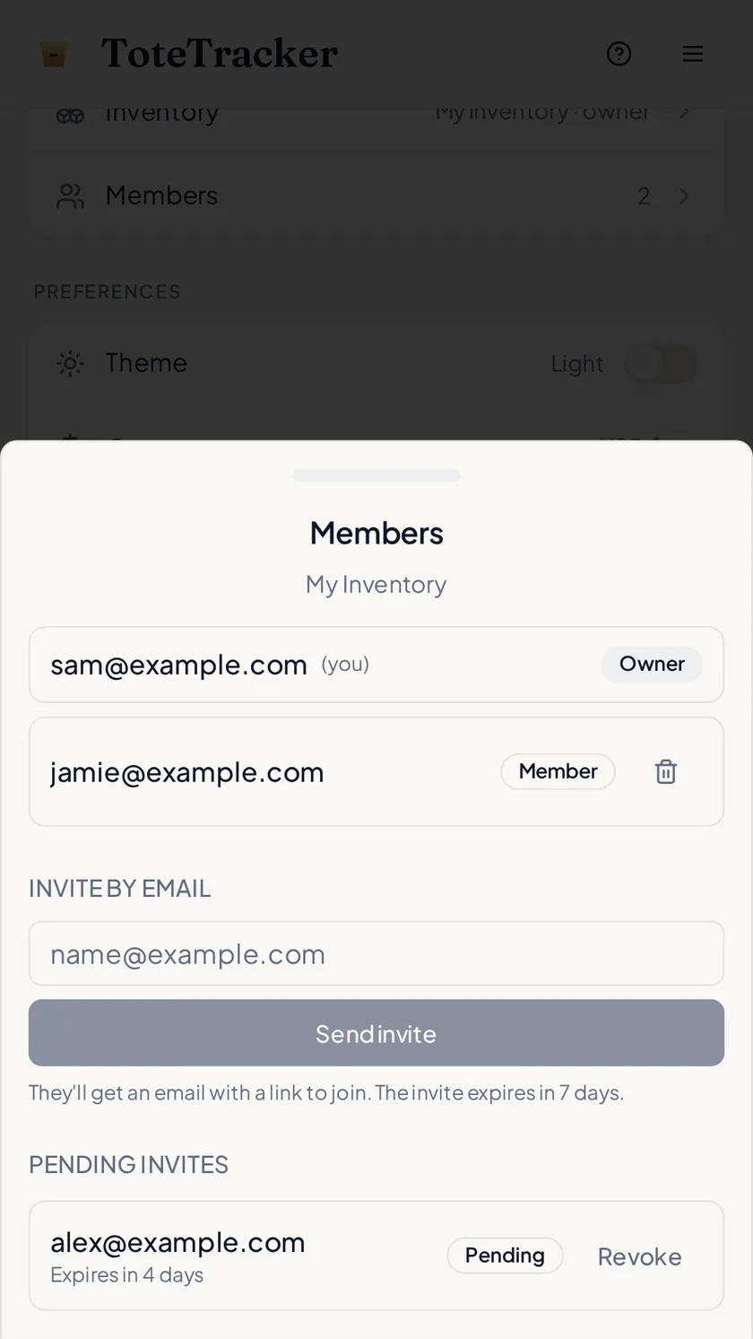 The Members sheet: current members and an invite by email